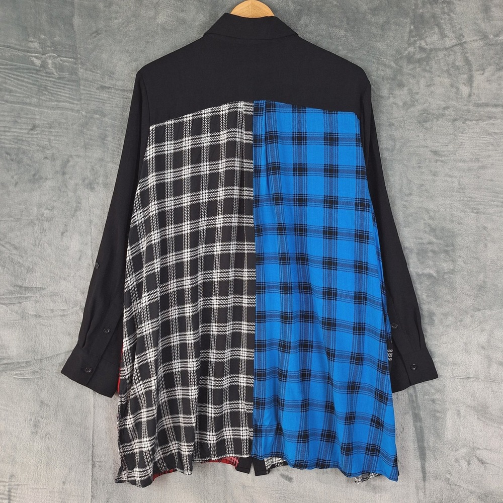 Womens Top 2X Artsy Plaid Flannel Boho Floral Cottagecore Patchwork Button Tunic - Picture 7 of 7